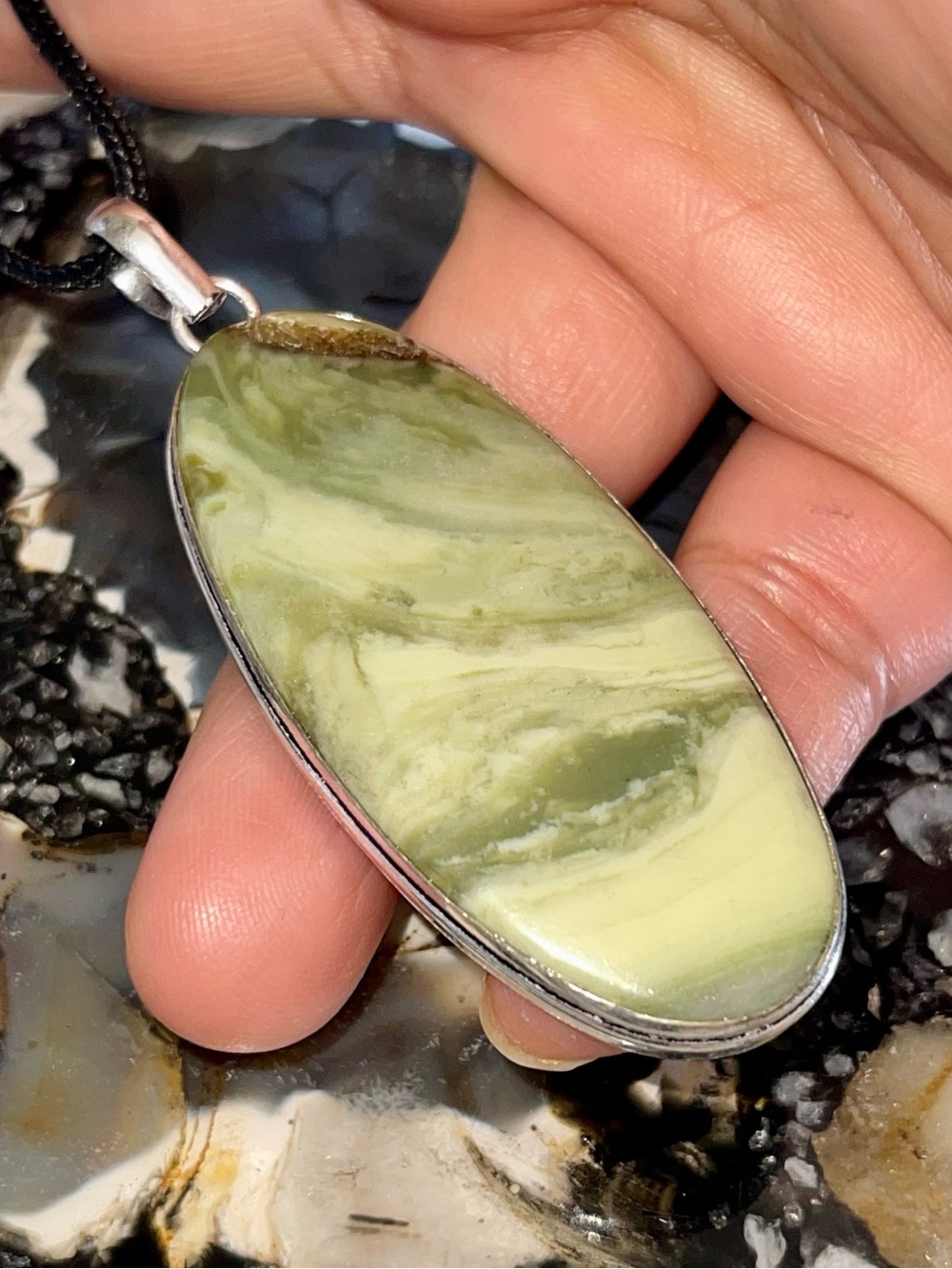 Large Petrified Wood Gary Green Larsonite Pendant 2 7/8”